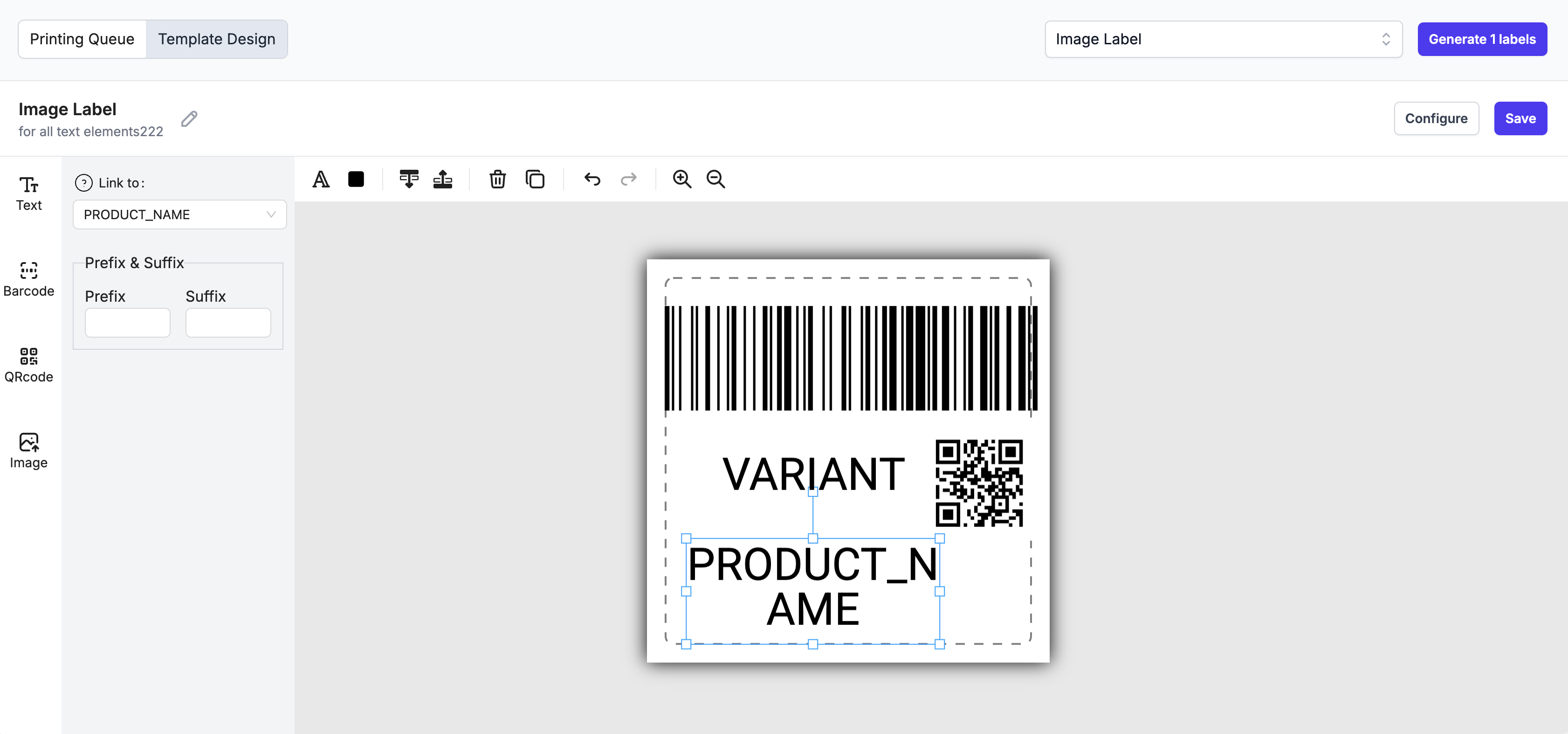 Barcodeman template picker showing Classic, Price Tag, Image + Text, QR Code, and Variant label designs