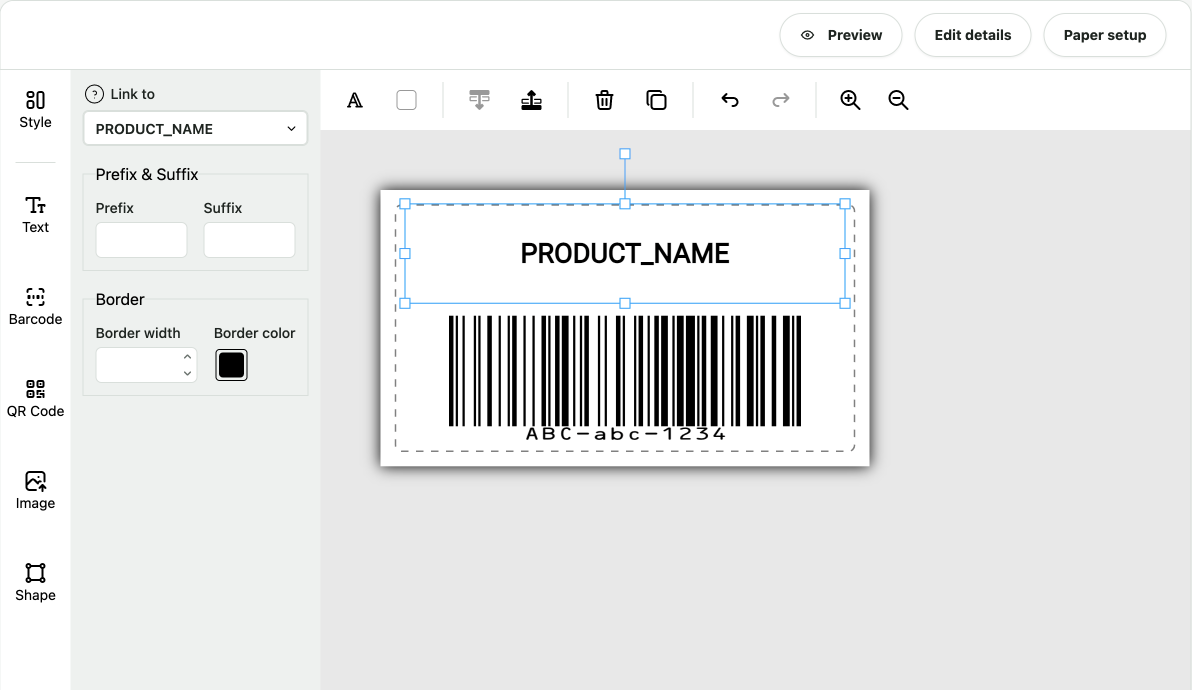 BarcodeMan for Wix editor showing a product name field and barcode with layout controls