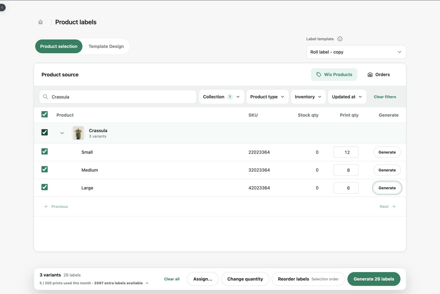 BarcodeMan for Wix product selection with three Crassula variants and individual print quantities