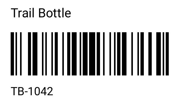 50 by 30 mm Trail Bottle label with a Code 128 barcode encoding TB-1042