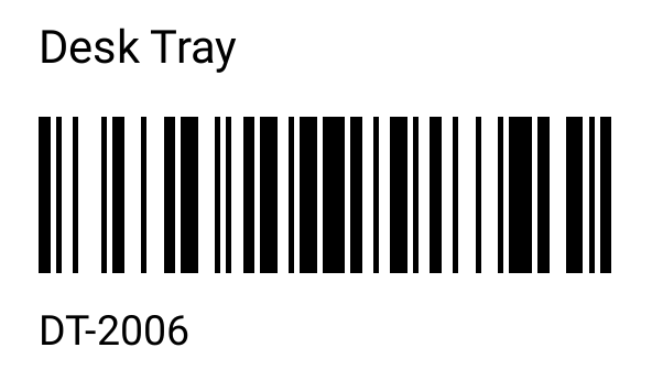 50 by 30 mm Desk Tray label with a Code 128 barcode encoding DT-2006
