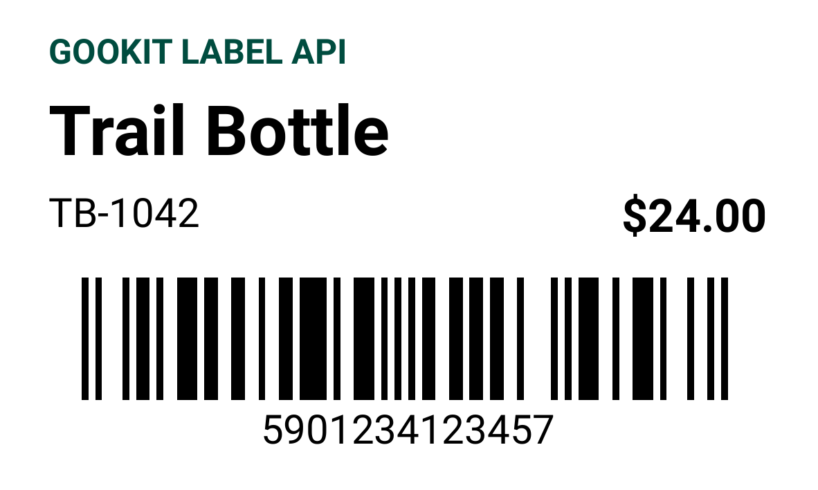 First page of a 50 by 30 millimeter Gookit Label API PDF showing Trail Bottle, TB-1042, $24.00 and EAN-13 barcode 5901234123457