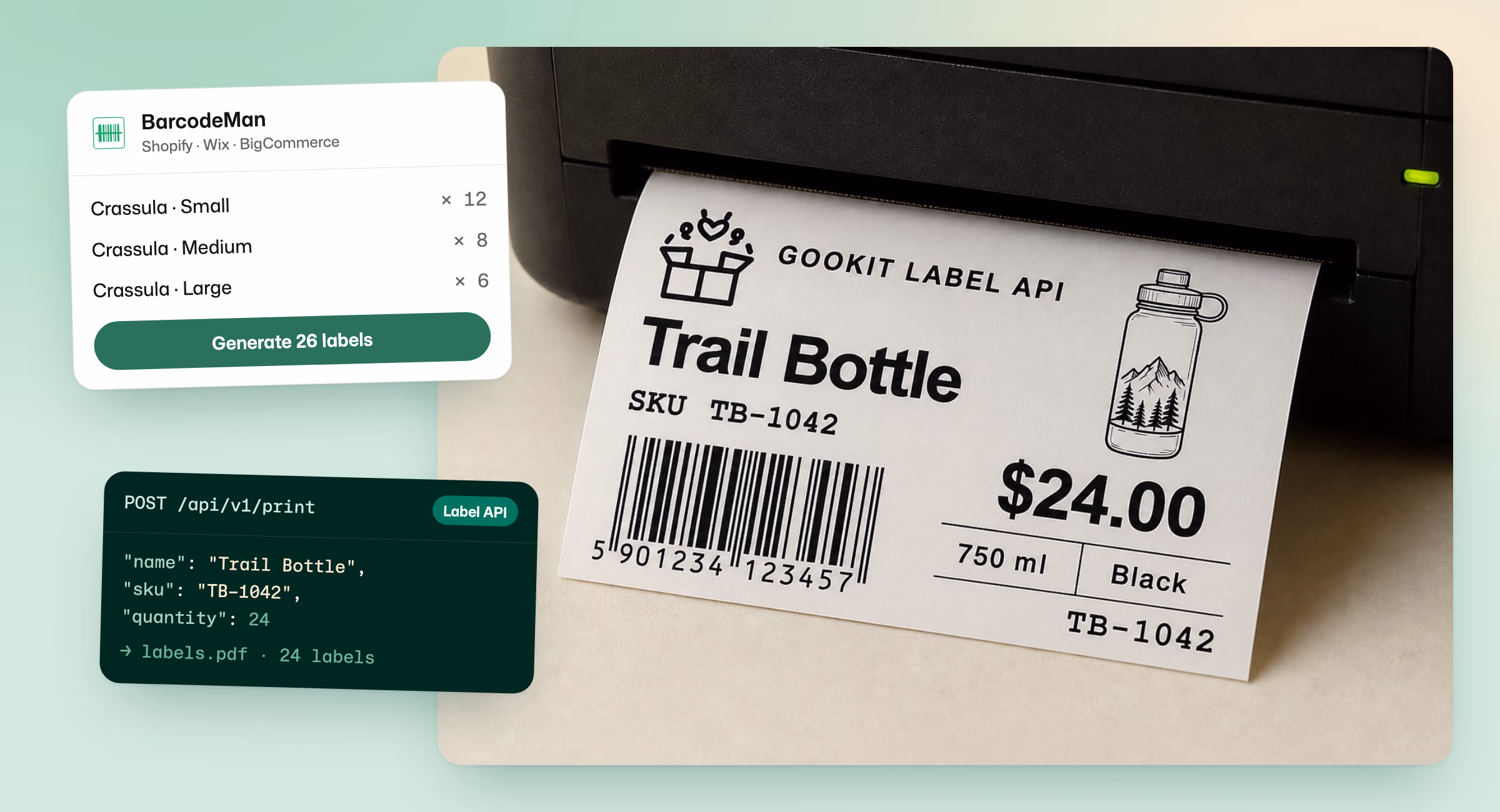 Illustration: a Trail Bottle label printing from a thermal printer, next to a BarcodeMan list of three Crassula variants ready for 26 labels and a Label API print request