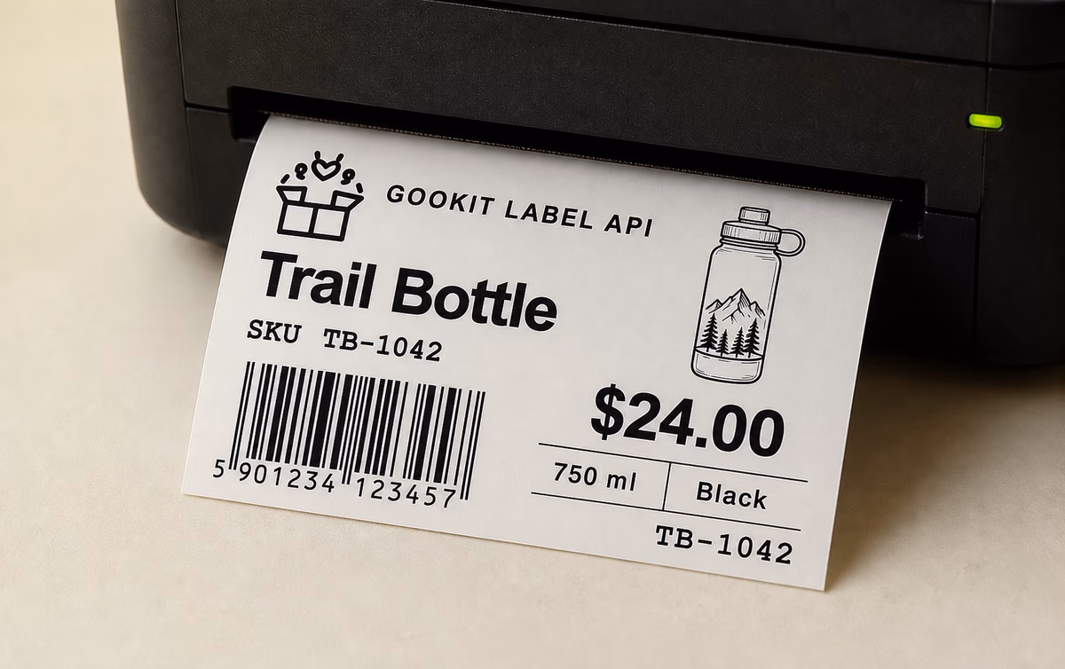 A Gookit Trail Bottle label printed with product details, price and barcode