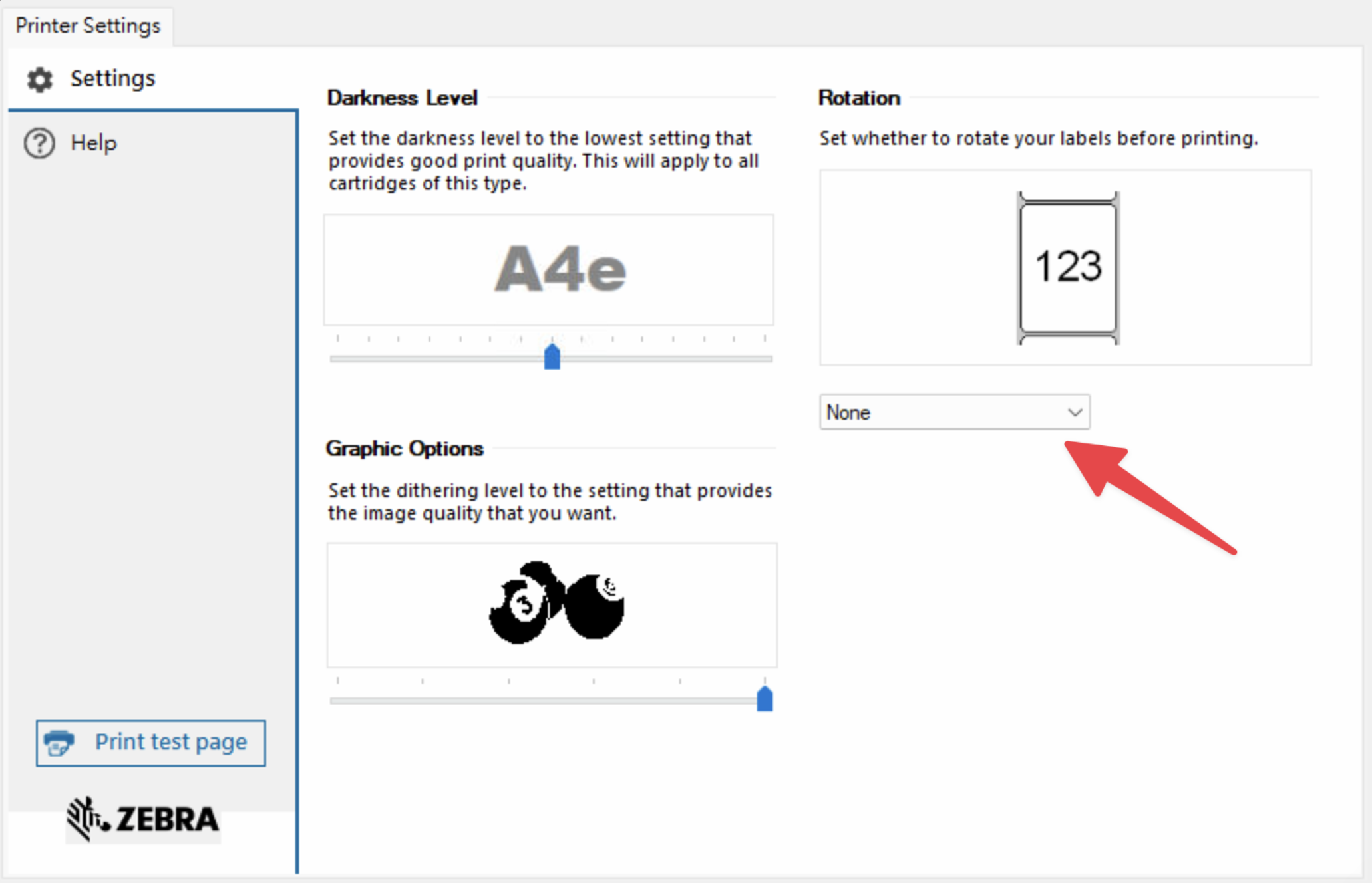 Zebra printer advanced settings panel with the rotate option set to None to stop automatic rotation