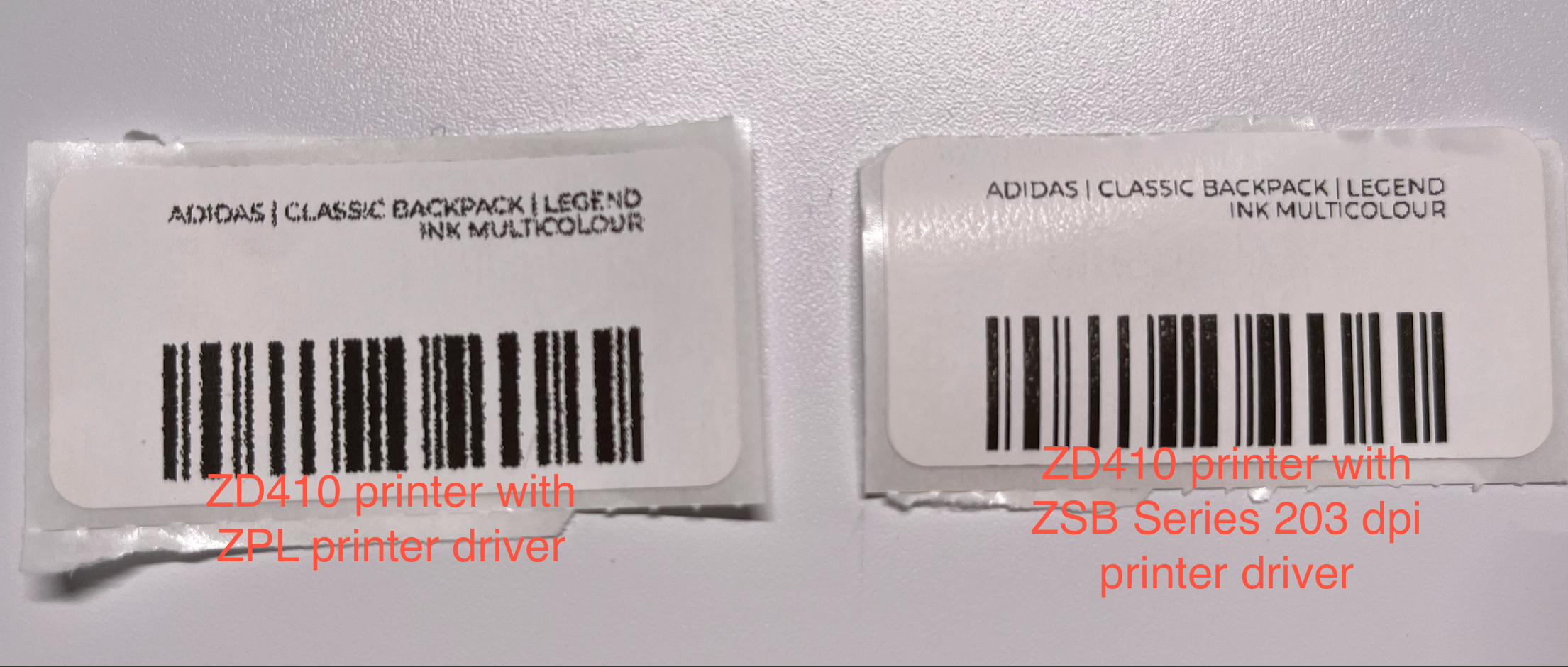Side-by-side comparison of a blurry barcode label before driver tuning and a crisp barcode label after installing the Seagull driver and disabling dithering