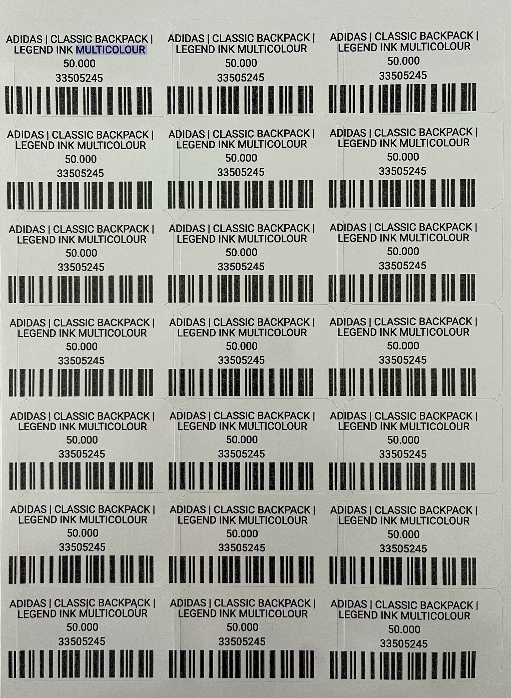 Sheet of printed labels where the content is visibly shifted off-center on every row