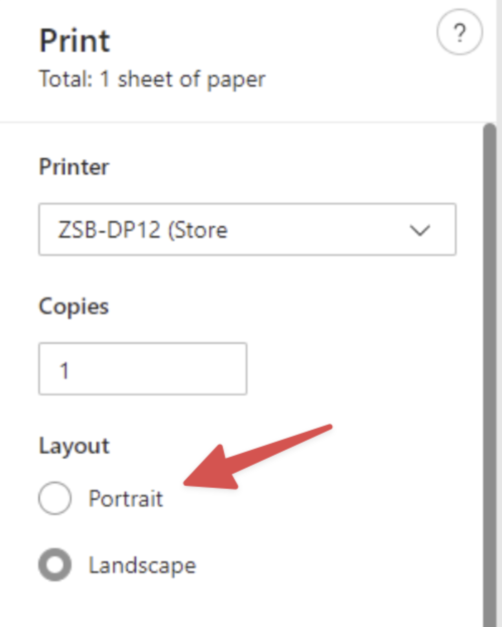 Zebra printer preferences dialog with Orientation set to Portrait