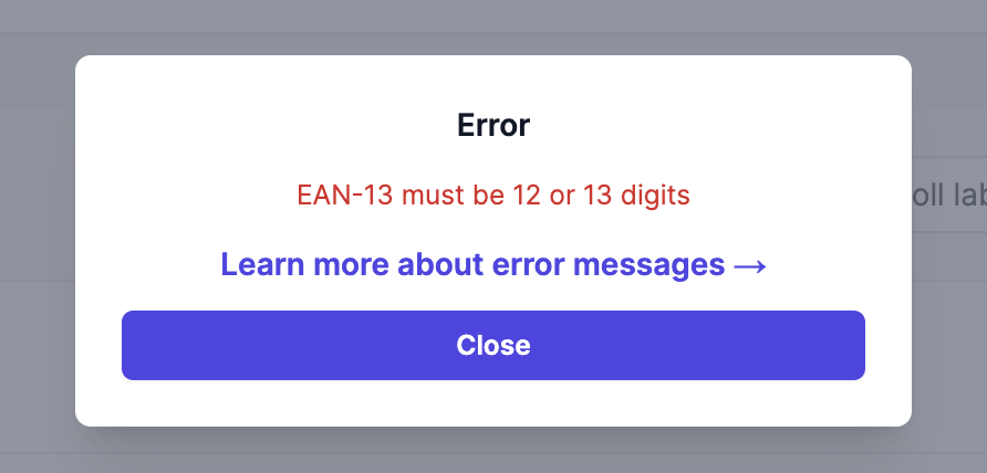 Barcodeman error dialog listing barcode validation failures such as invalid EAN-13 length