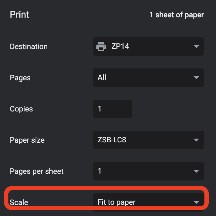 Printer dialog Scale options with "fit to paper" or 100% selected to resolve alignment issues