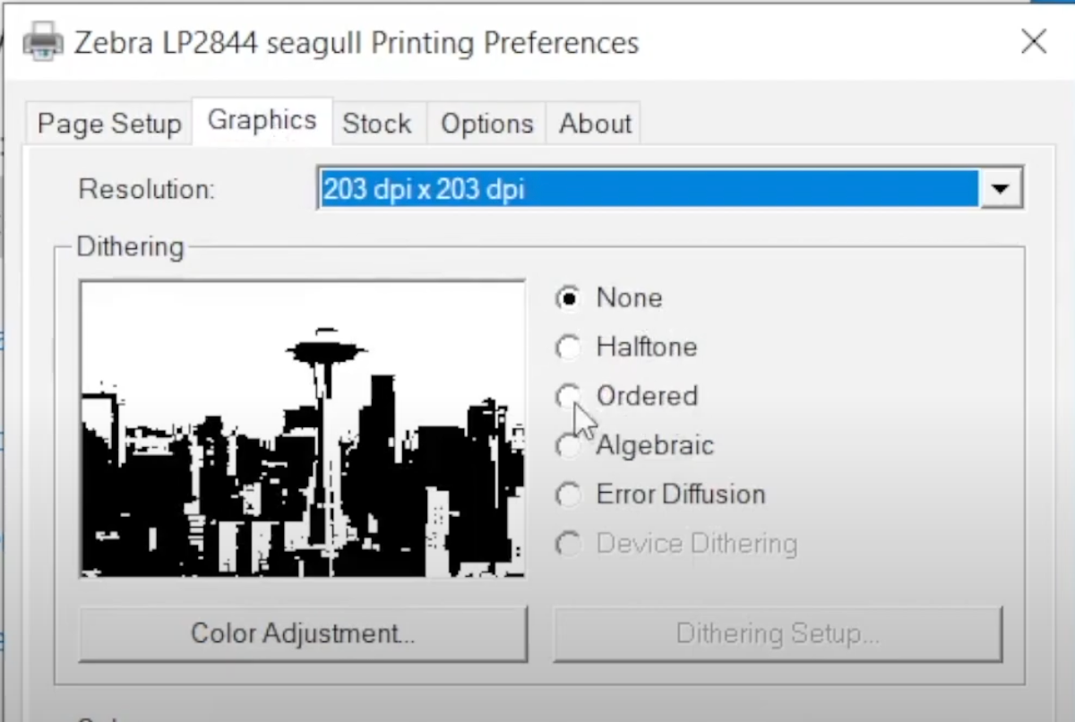 Seagull printer driver options with the Dithering setting disabled for sharper label output